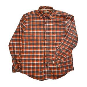 Age Of Wisdom Mens Plaid Shirt Large Orange Blue Gray Linen Cotton